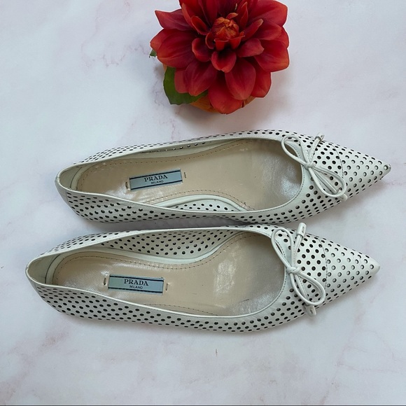PRADA White Perforated Leather Bow Pointed Toe Ballet Flats 37 1/2 AUTHENTIC - Picture 3 of 8